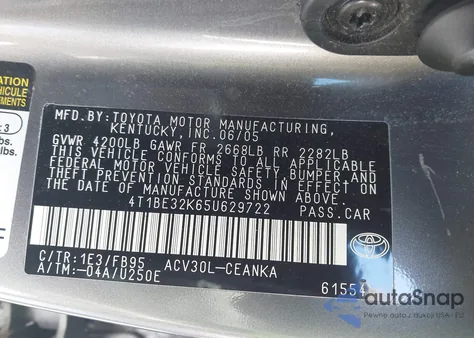 2005 Toyota Camry Le из США, поврежденный, VIN 4T1BE32K65U629722